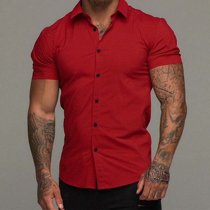 Short Sleeve Lapel Shirt Elastic Thin Solid Color