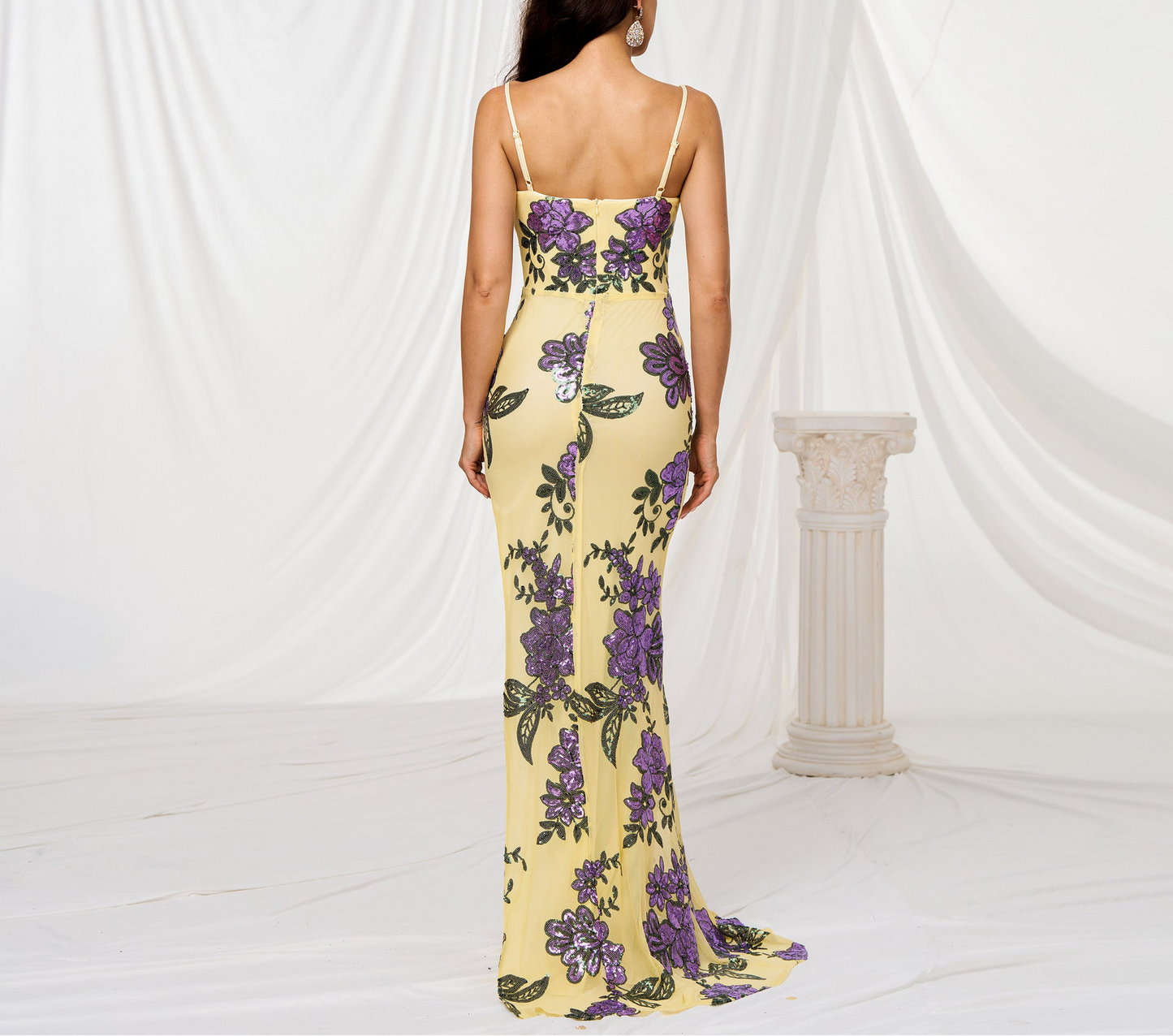 V-neck Brace Slim-fit Sheath Sequined Slit Evening Dress