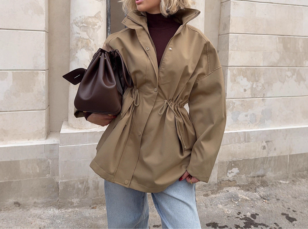 Stand-collar Mid-length Windbreaker Drawstring Waist Jacket