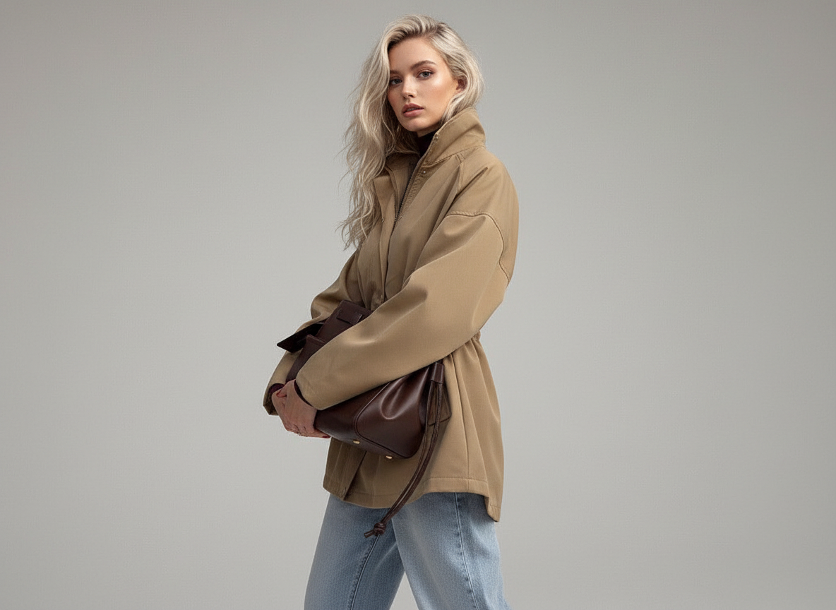 Stand-collar Mid-length Windbreaker Drawstring Waist Jacket