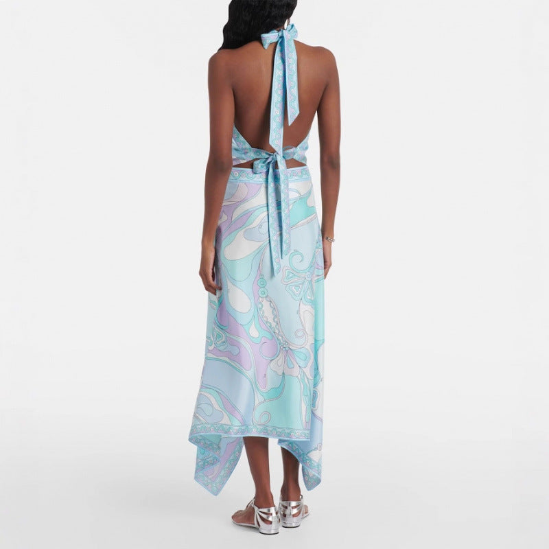 Printed Satin Halter Backless Top Irregular Skirt Two-piece Suit