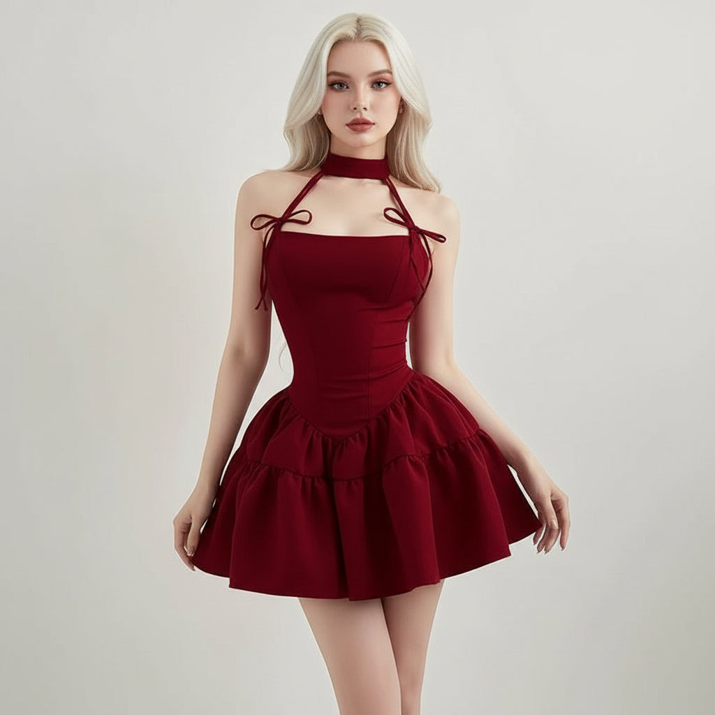 Red Bow Bandage Halter Dress