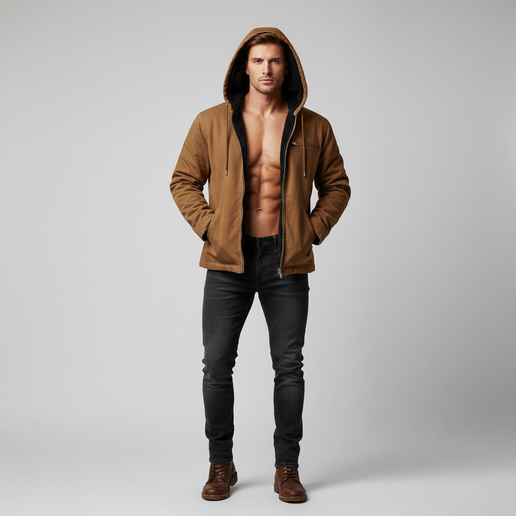 Winter Hooded Coat With Pockets Fashion Warm Fleece Zip-up Jacket Casual Outwear Men's Clothing