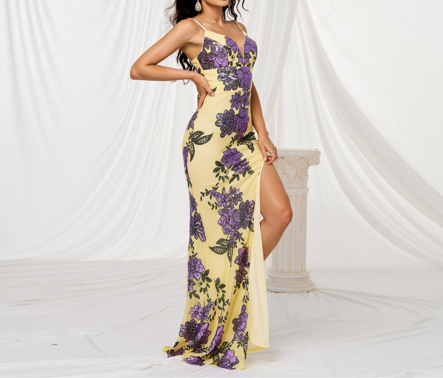 V-neck Brace Slim-fit Sheath Sequined Slit Evening Dress