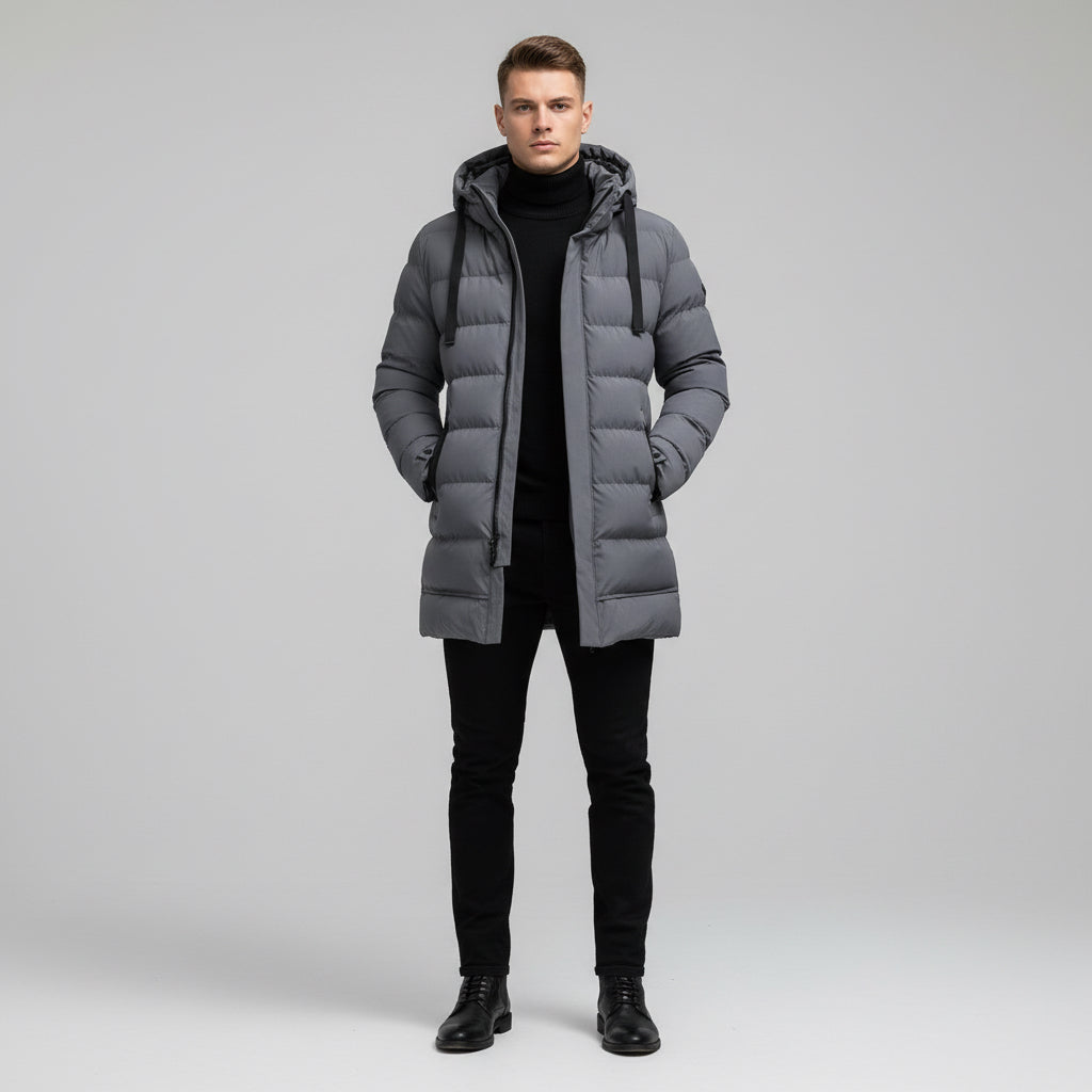 Long Hooded Jacket Men Winter Warm Windproof Coat Fashion Solid Color Clothes Outdoor