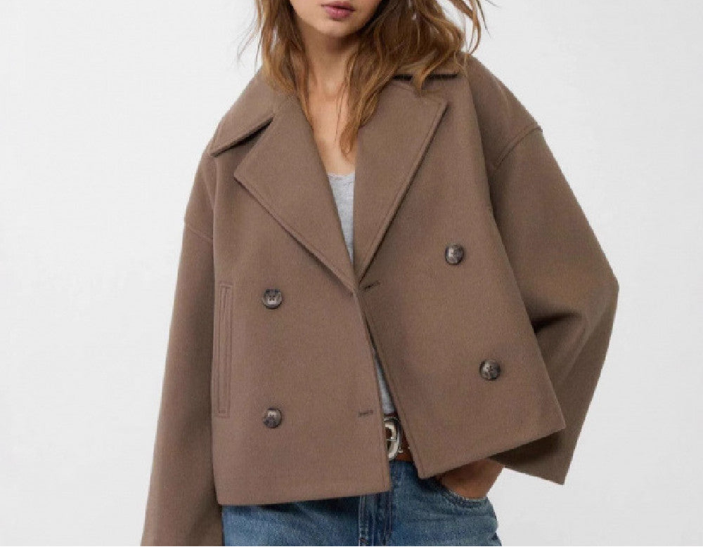 Ins Double-breasted Lapel Blazer Jacket Fashion Loose Woolen Short Coat Elegant Commuting Women's Clothing