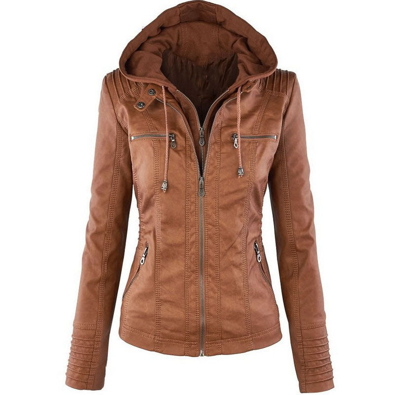 Hooded Jacket Long Sleeve Leather Coat