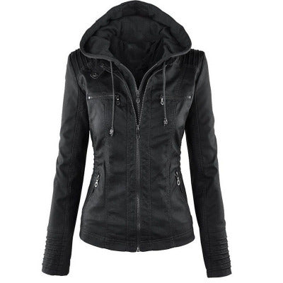 Hooded Jacket Long Sleeve Leather Coat
