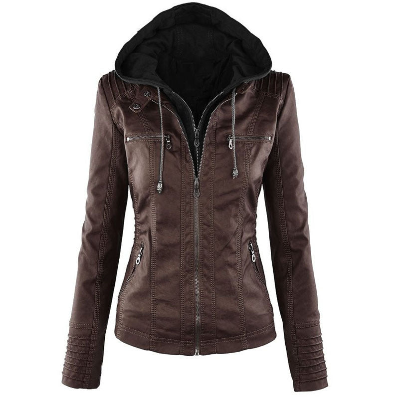 Hooded Jacket Long Sleeve Leather Coat