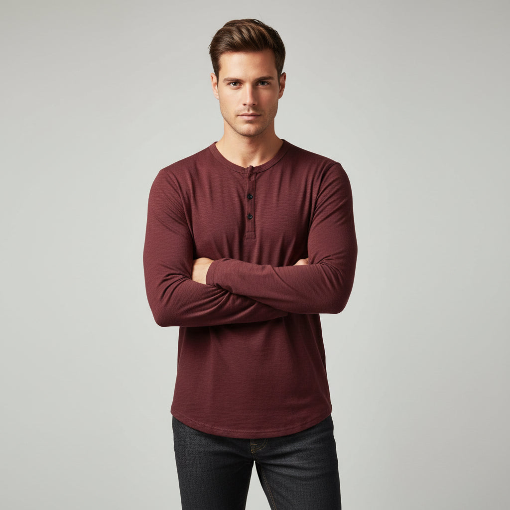 Men's Long-sleeved T-shirt Fashion Casual Solid Color Pullover Button Top Autumn And Spring Clothing