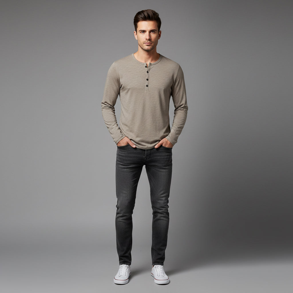 Men's Long-sleeved T-shirt Fashion Casual Solid Color Pullover Button Top Autumn And Spring Clothing