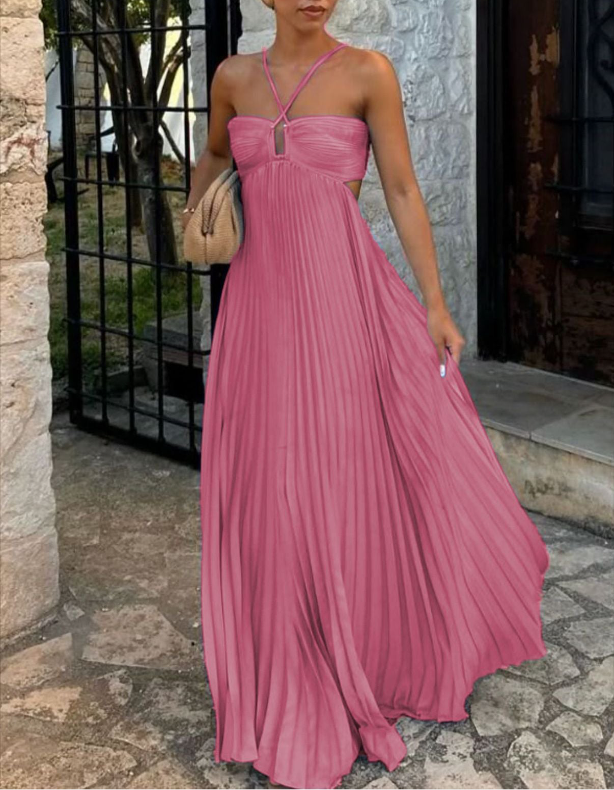 Ins Pleated Sleeveless Sling Dress Hollow High Waist Halter Robe Dresses For Evening Party Club Clothing Women