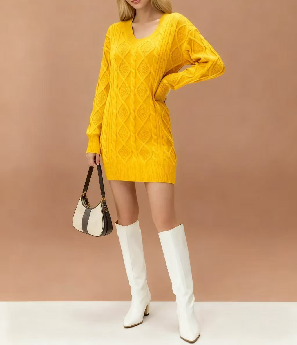 Mid-length Sweater V-neck Knitted Casual Twist Dress