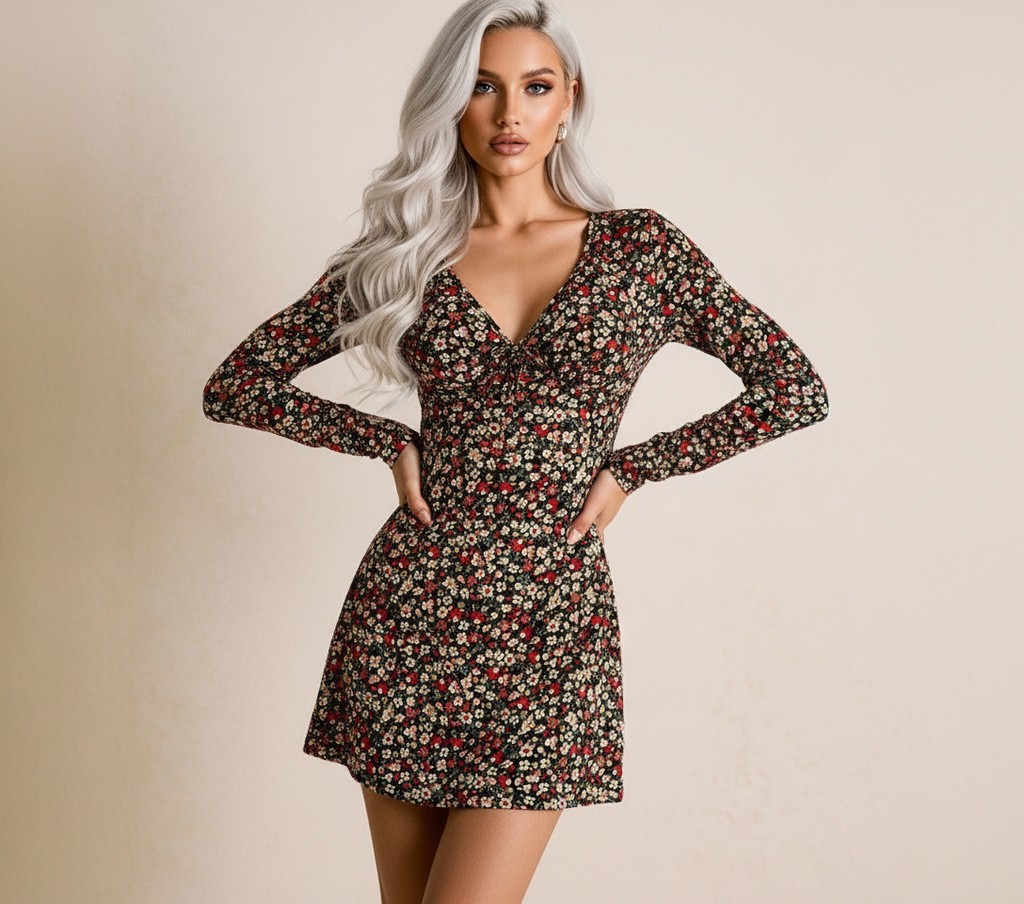 Slim Fit Fashion Floral V-neck Long-sleeve Dress