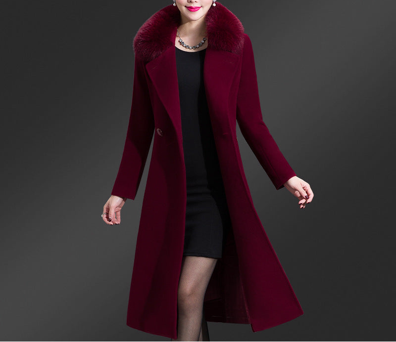 Korean Version Fox Fur Collar Single Side Cashmere Coat