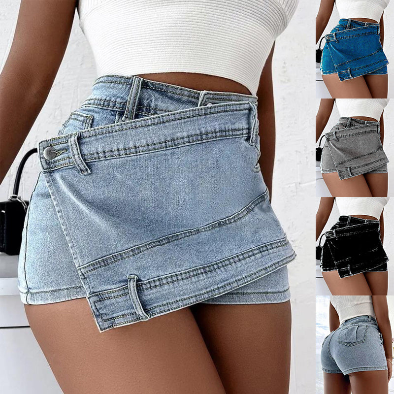 Street Denim Shorts Stretch Overlap Waist Wrap