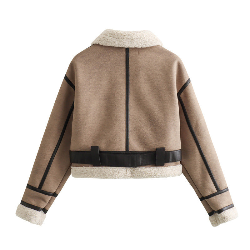 Women's Loose Long Sleeve Lamb Wool Splicing Coat