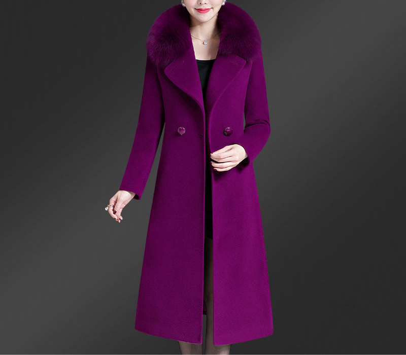 Korean Version Fox Fur Collar Single Side Cashmere Coat