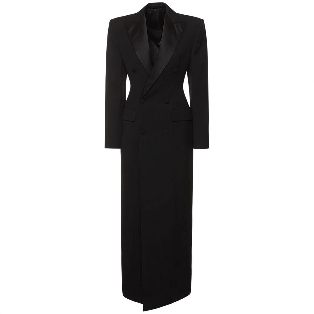 Satin Inlaid Color Collar Double Breasted Black Suit Trench Coat
