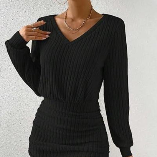 Solid Color And V-neck Long Sleeve Pleated Mini Short Dress