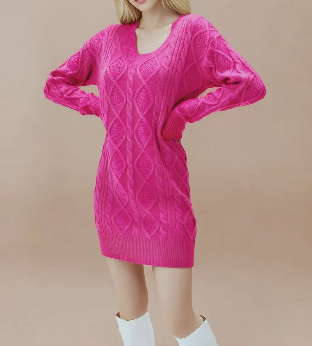 Mid-length Sweater V-neck Knitted Casual Twist Dress