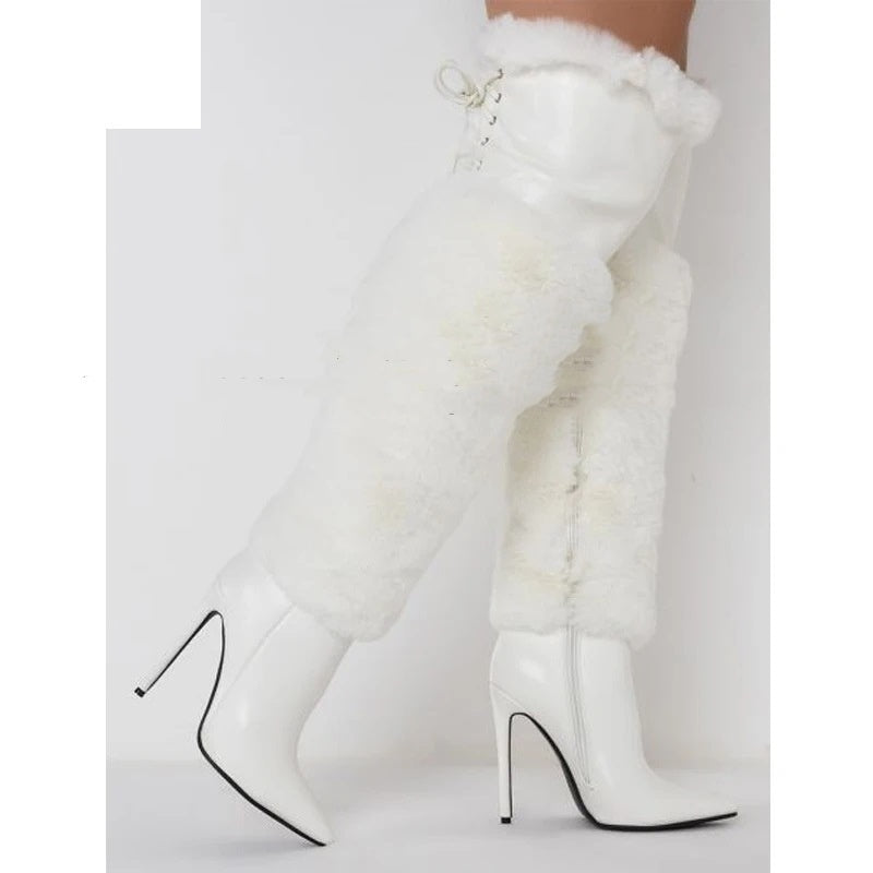 Runway Stiletto Heel Solid Color Plush Over-the-knee Boots