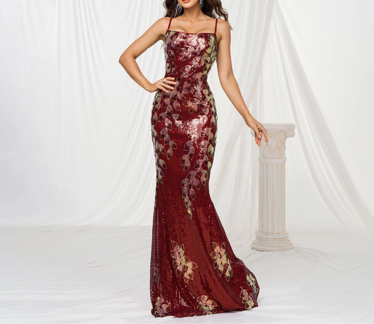 Sling Off-neck Sheath Sequined Banquet Fishtail Evening Dress
