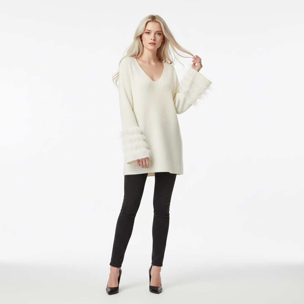 Casual V-neck Cuff Furry Knitted Dress