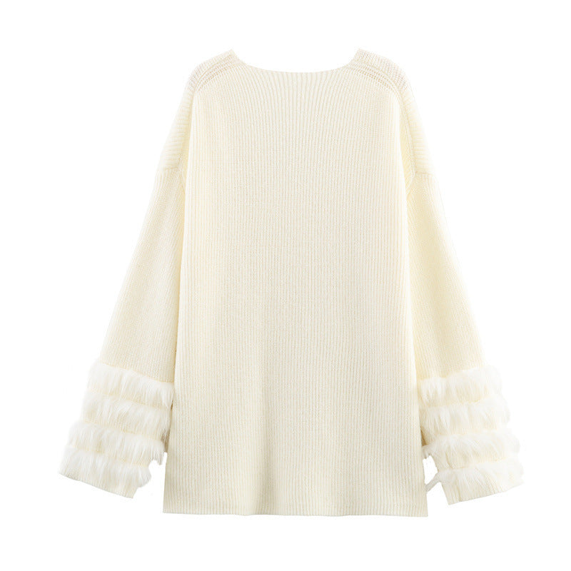 Casual V-neck Cuff Furry Knitted Dress