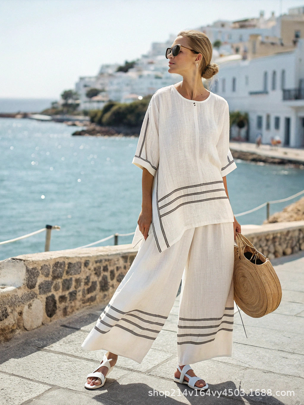 Summer Striped Suits Loose Batwing Sleeve T-shirt And Solid Straight-leg Pants