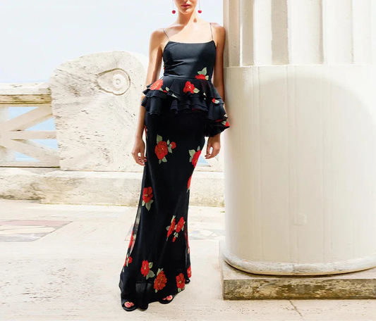 Elegant Ruffle Top Skirt Set Women Chic Print Sleeveless Backless Sling Top Hip Package Long Skirt Sets 2025 Summer Lady Dress