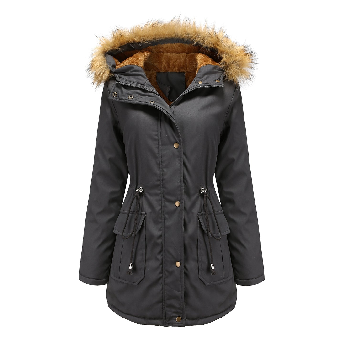Hooded Fur Collar Fleece-lined Warm Jacket