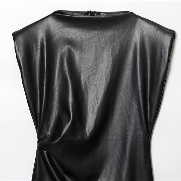 Women's Slim-fit Faux Leather Padded Shoulder Short Dress