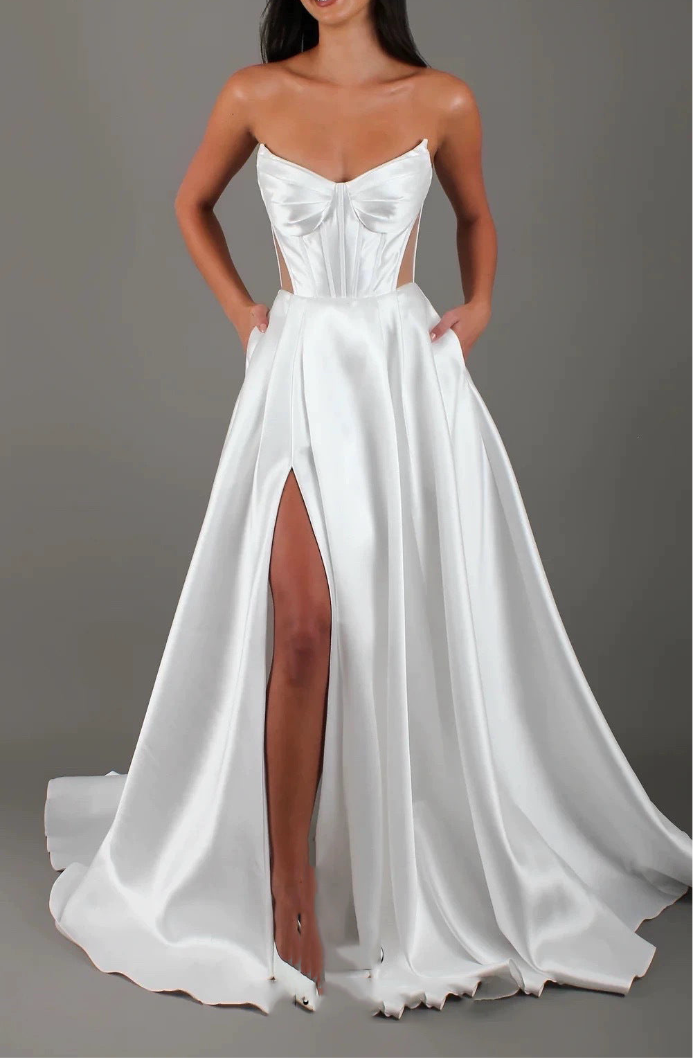 White Satin Slit Pocket Bandage Wedding Dress