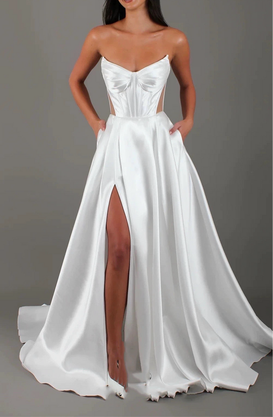 White Satin Slit Pocket Bandage Wedding Dress