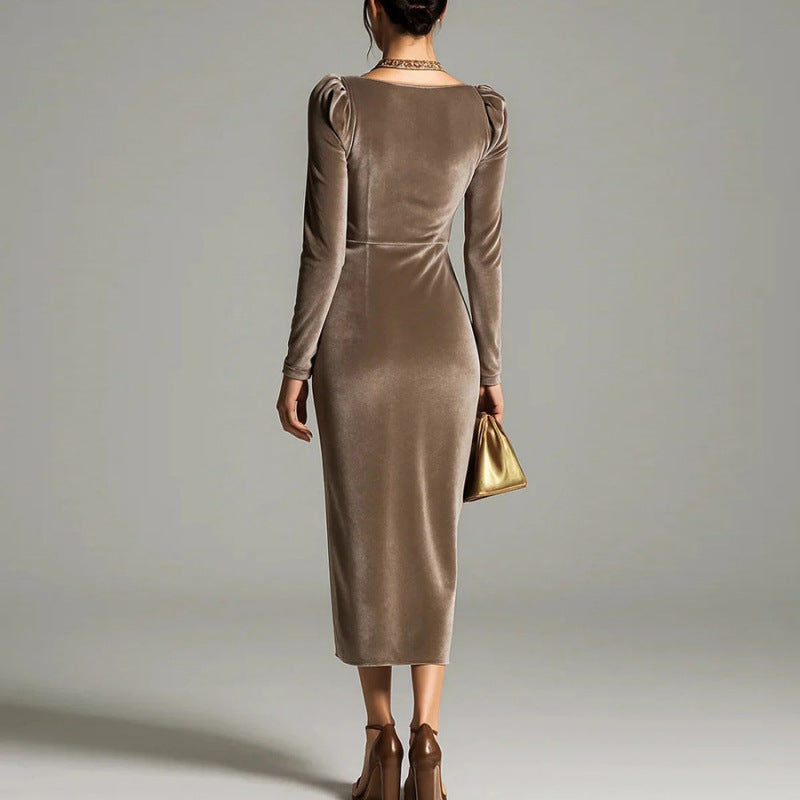 Long Sleeve Pleated Long Slit Velvet Sheath Dress