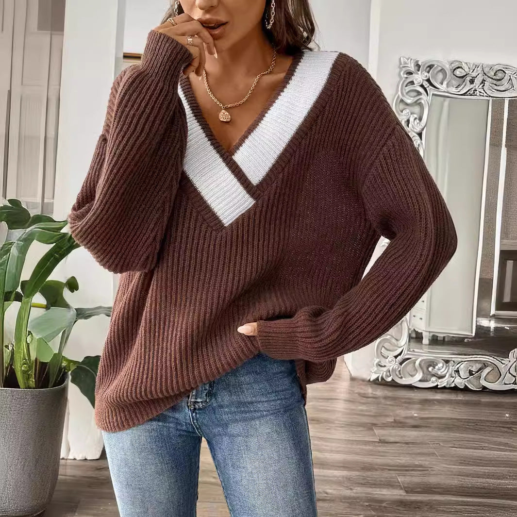 Color Contrast Patchwork Large V-neck Loose Pullover