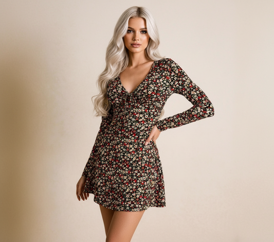 Slim Fit Fashion Floral V-neck Long-sleeve Dress