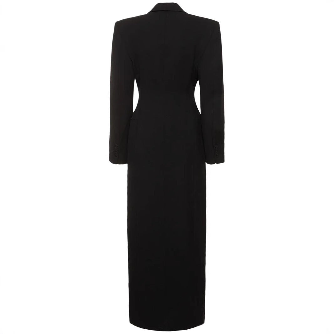 Satin Inlaid Color Collar Double Breasted Black Suit Trench Coat
