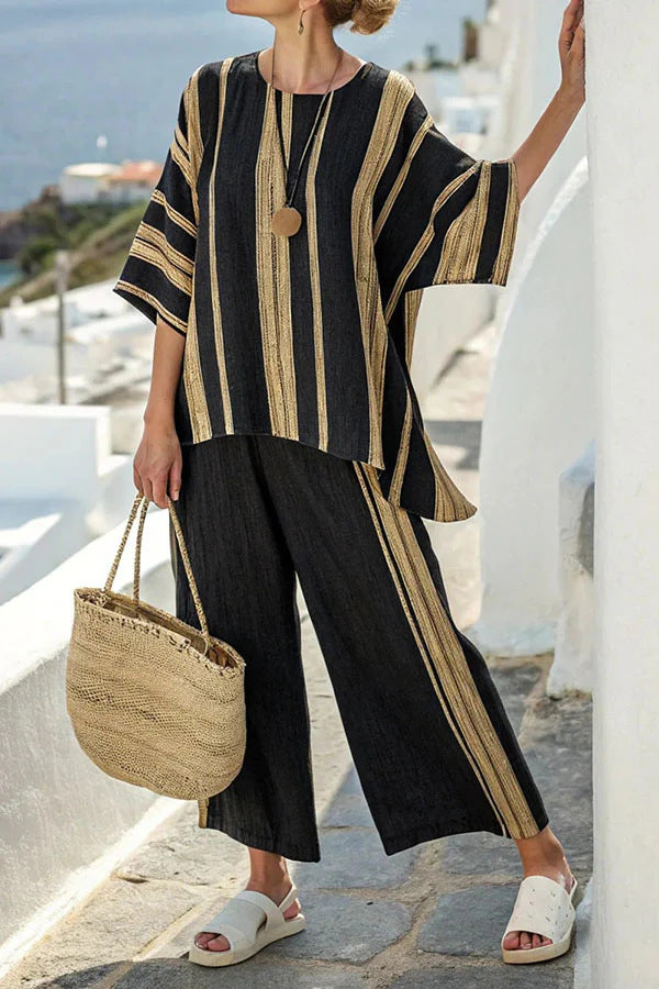 Summer Striped Suits Loose Batwing Sleeve T-shirt And Solid Straight-leg Pants