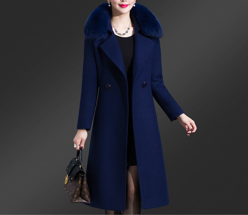 Korean Version Fox Fur Collar Single Side Cashmere Coat