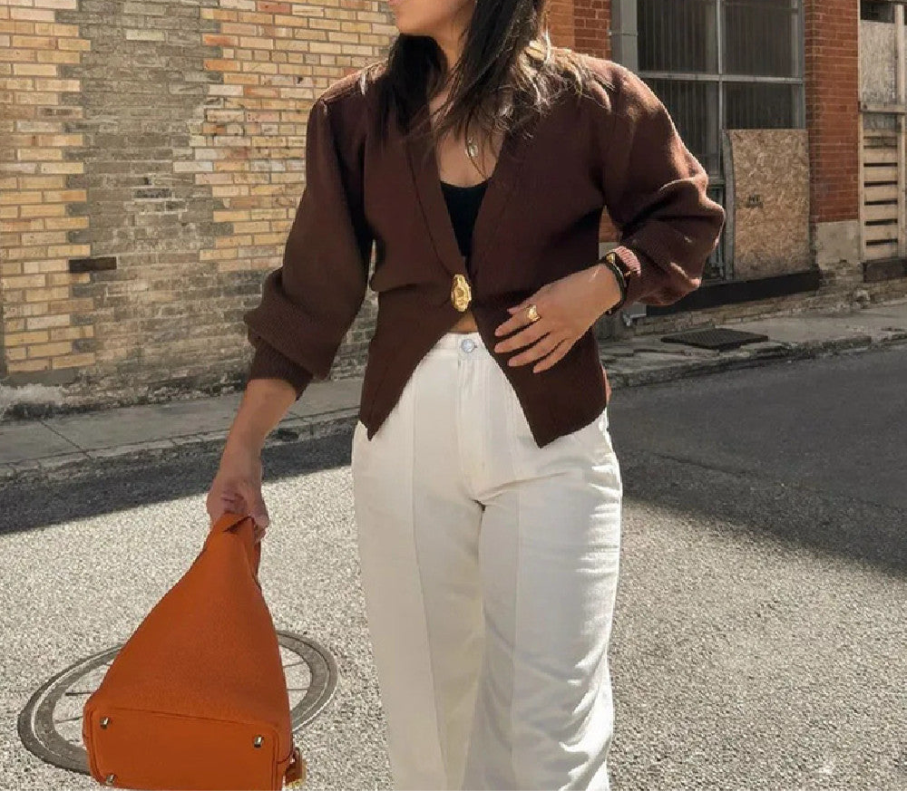 New V-neck Button Cardigan Fashion Knitted Sweater Top