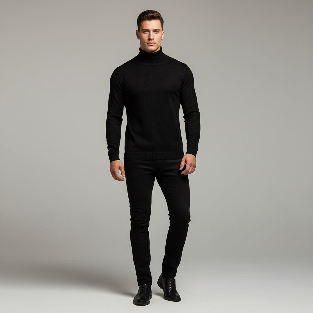 Winter Turtleneck Sweater Fashion Slim Fit Solid Color Pullover Knitted Top Men's Clothing