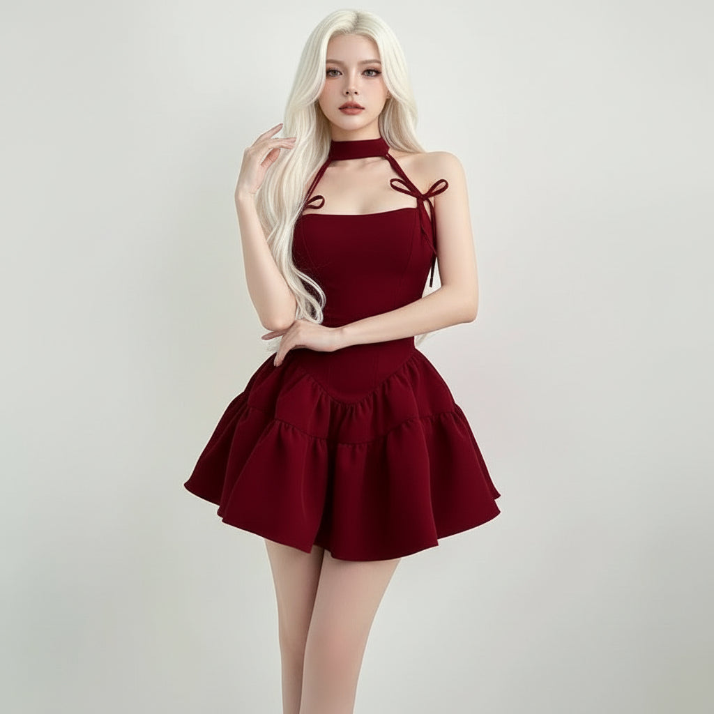 Red Bow Bandage Halter Dress