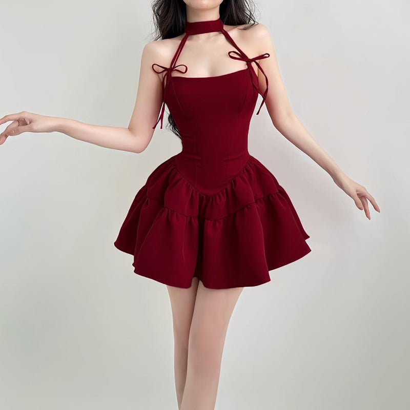 Retro Red Bow Bandage Halter Dress