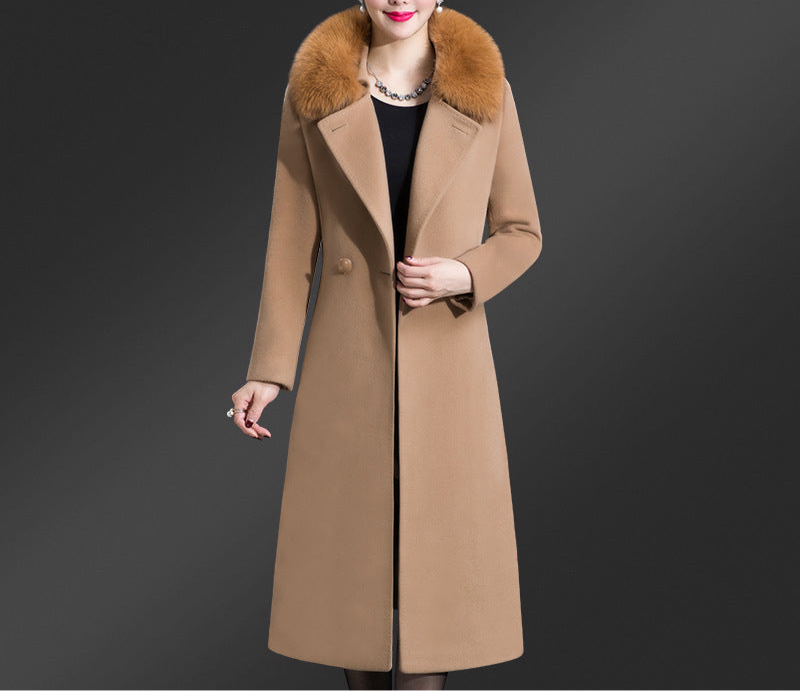 Korean Version Fox Fur Collar Single Side Cashmere Coat