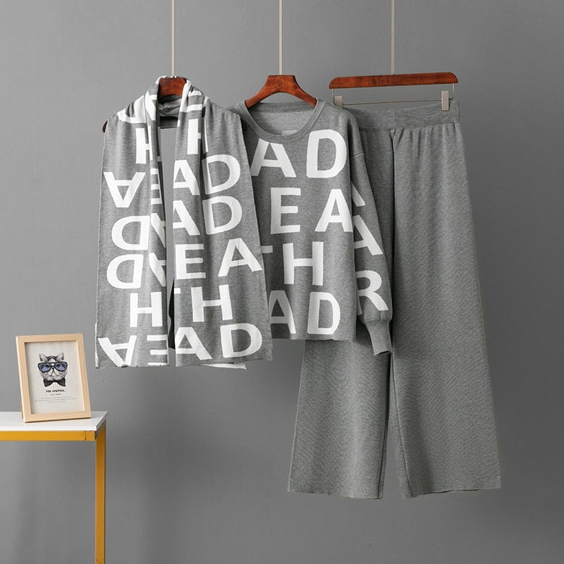 Elegant Knitting Suit Letter Shawl Woolen Round Neck Casual Wide Leg Pants