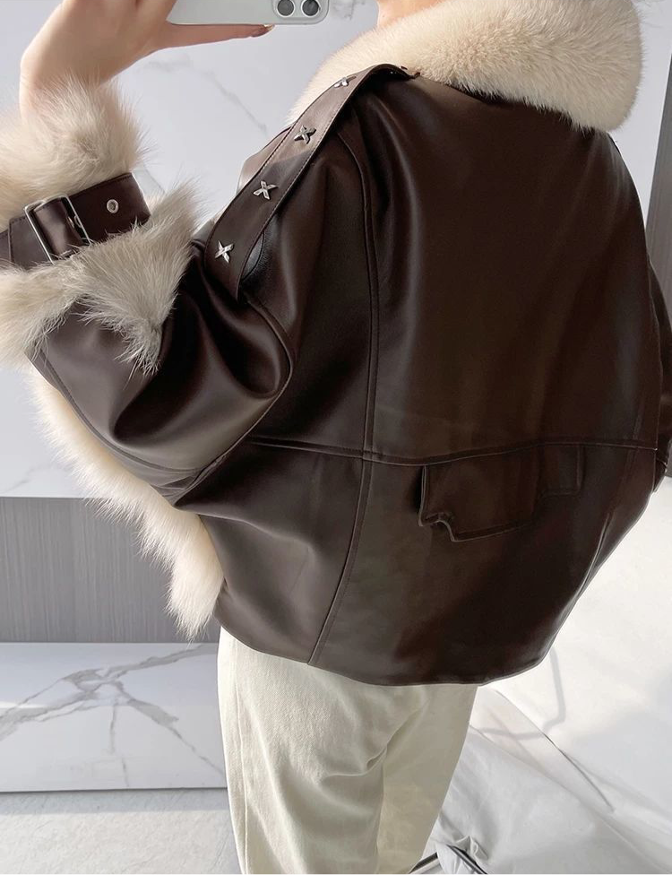 Sense Fox Fur Stitching Leather Coat