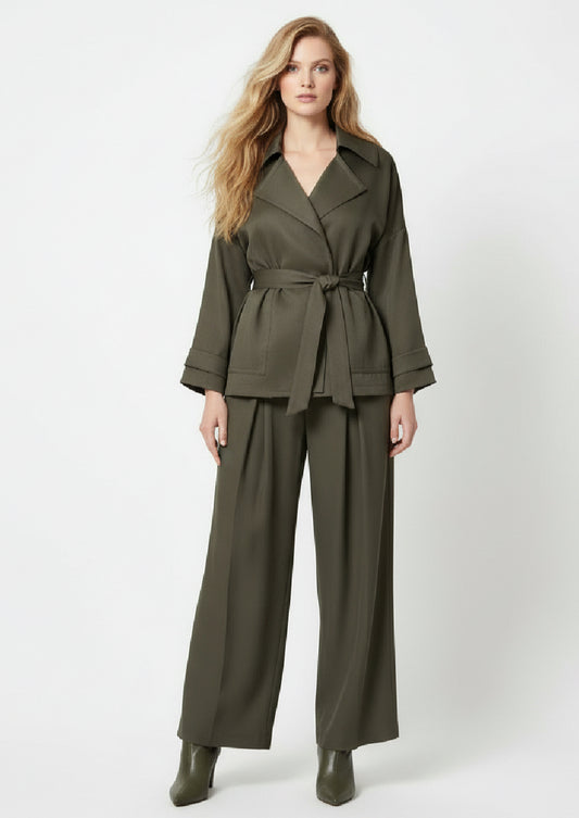Women's Belt Coat Pleated Trousers