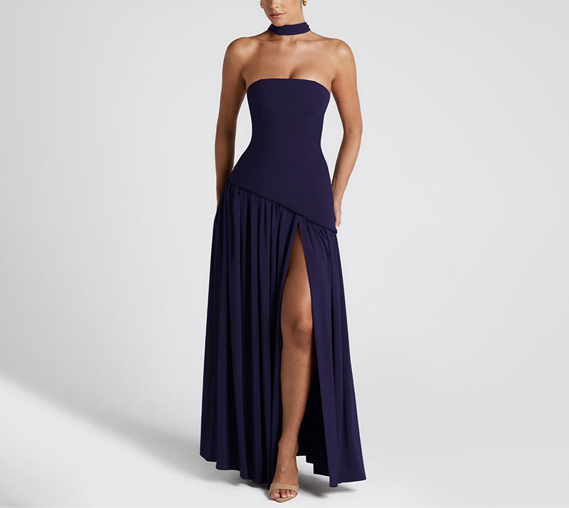 Pure Color Split Backless Elegant Streamer Dress
